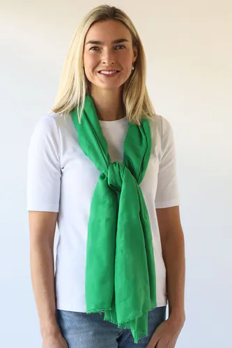 Model wearing Bright Green Vibrant Plain Scarf By Archer House Available at Beetees Nelson